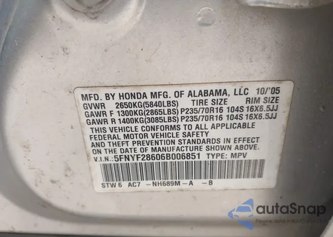 2006 Honda Pilot Ex-L из США, поврежденный, VIN 5FNYF28606B006851